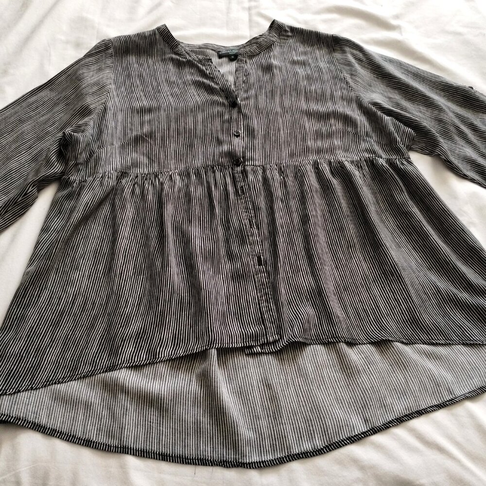 CYNTHIA ROWLEY Black & White STRIPE 3/4 Sleeve Hi-Low BUTTON Front BLOUSE Sz 1X